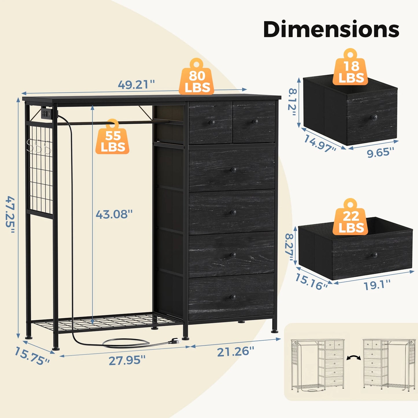 JHK Six Drawer Fabric Dresser With Hanging Rack And LED Lights