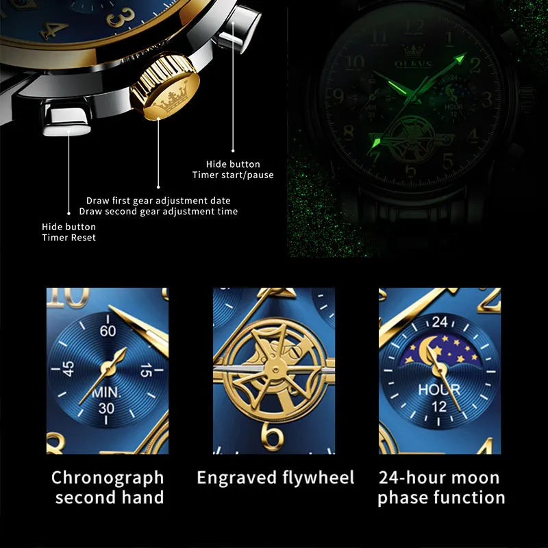 OLEVS Moon Phase Skeleton Chronograph Quartz Mens Stainless Steel Watch