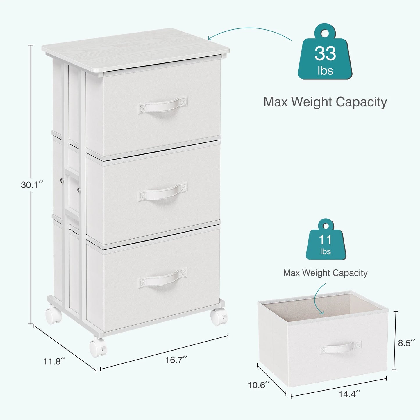 JHK 3 Drawer Dresser With Wheels Metal Frame Storage Cabinet For Closet Bedroom