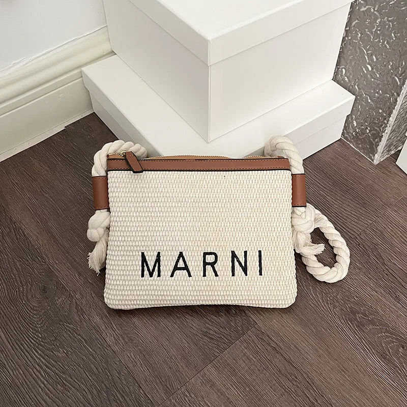 Minimalist Straw Crossbody Bag With Thick Rope Strap Embroidery