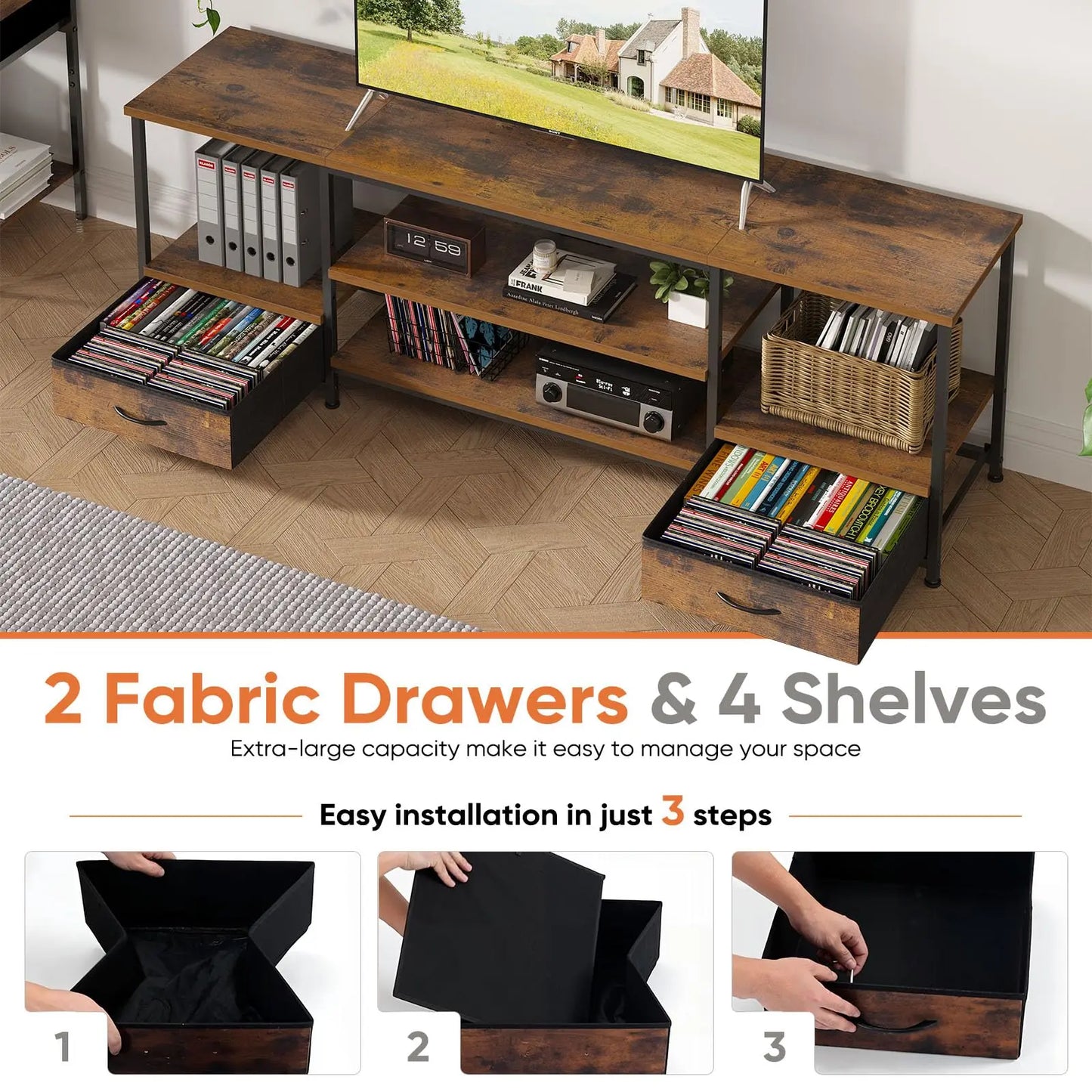 JHK Wooden TV Stand Entertainment Center With Adjustable Shelves Storage