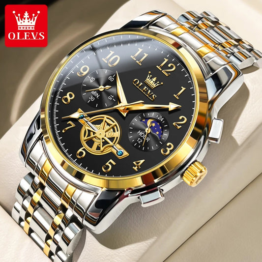 OLEVS Moon Phase Skeleton Chronograph Watch for Men Stainless Steel