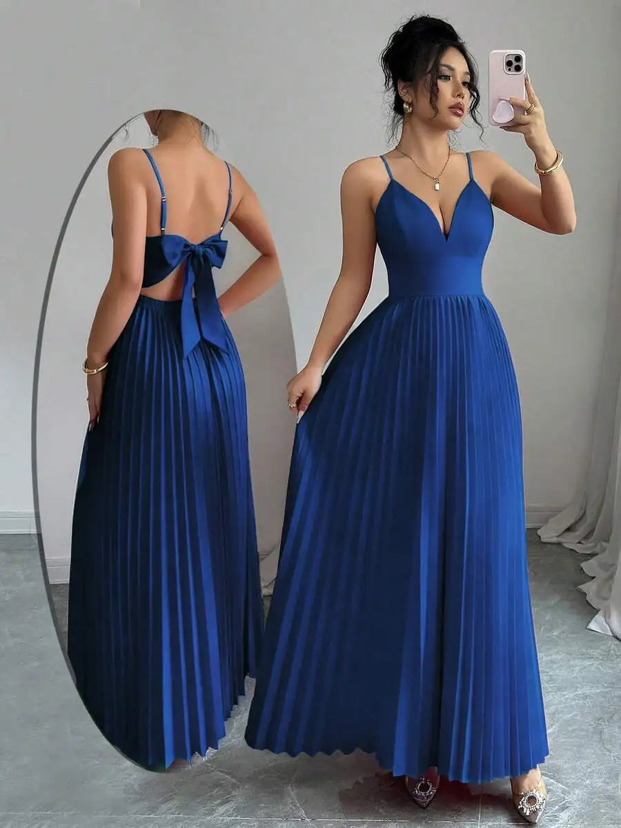 Pleated Floor Length Prom Dress With V Neck Spaghetti Straps Crepe