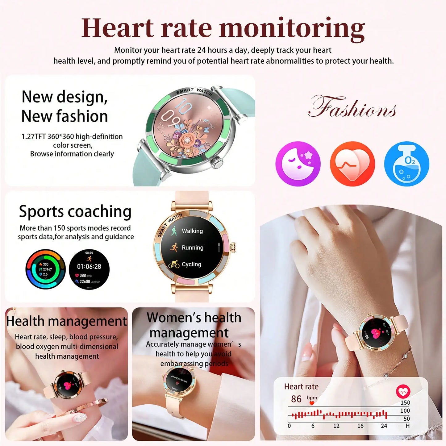 Smart Womens Watch Bluetooth Fitness Tracker Heart Rate SpO2 Waterproof