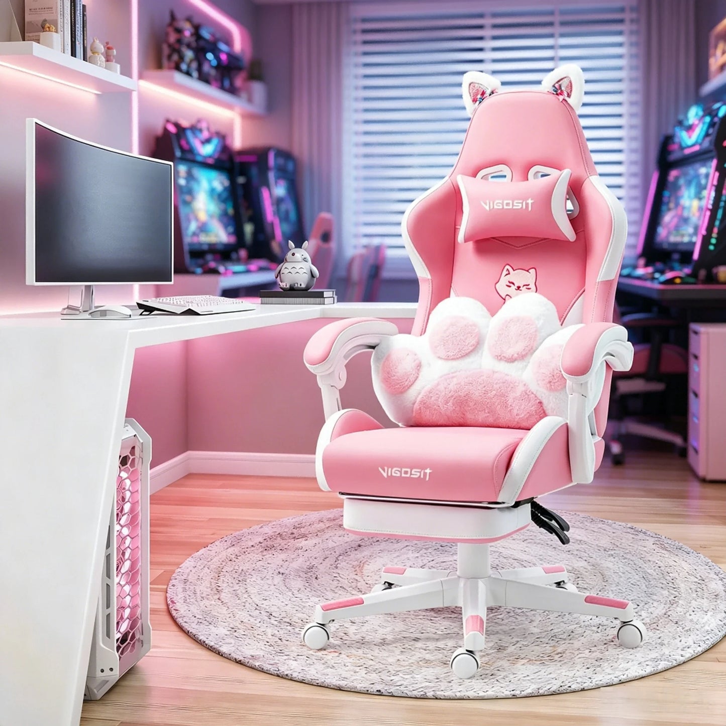 VIGOSIT Ergonomic Computer Chair With Footrest Headrest Cat Ears Massage Lumbar