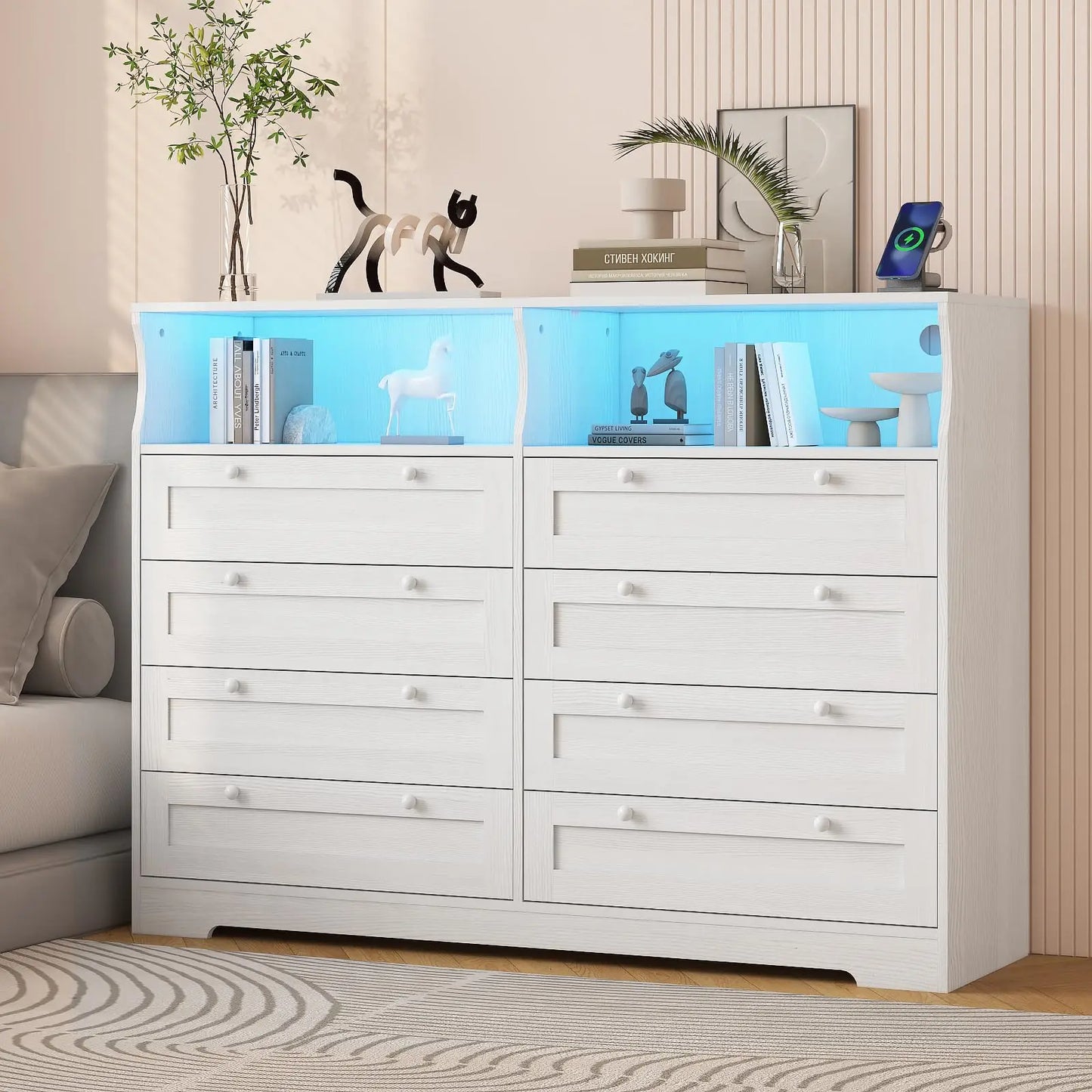 HiMISS 8 Drawer Dresser With LED Lights Charging Station TV Stand Open Shelves