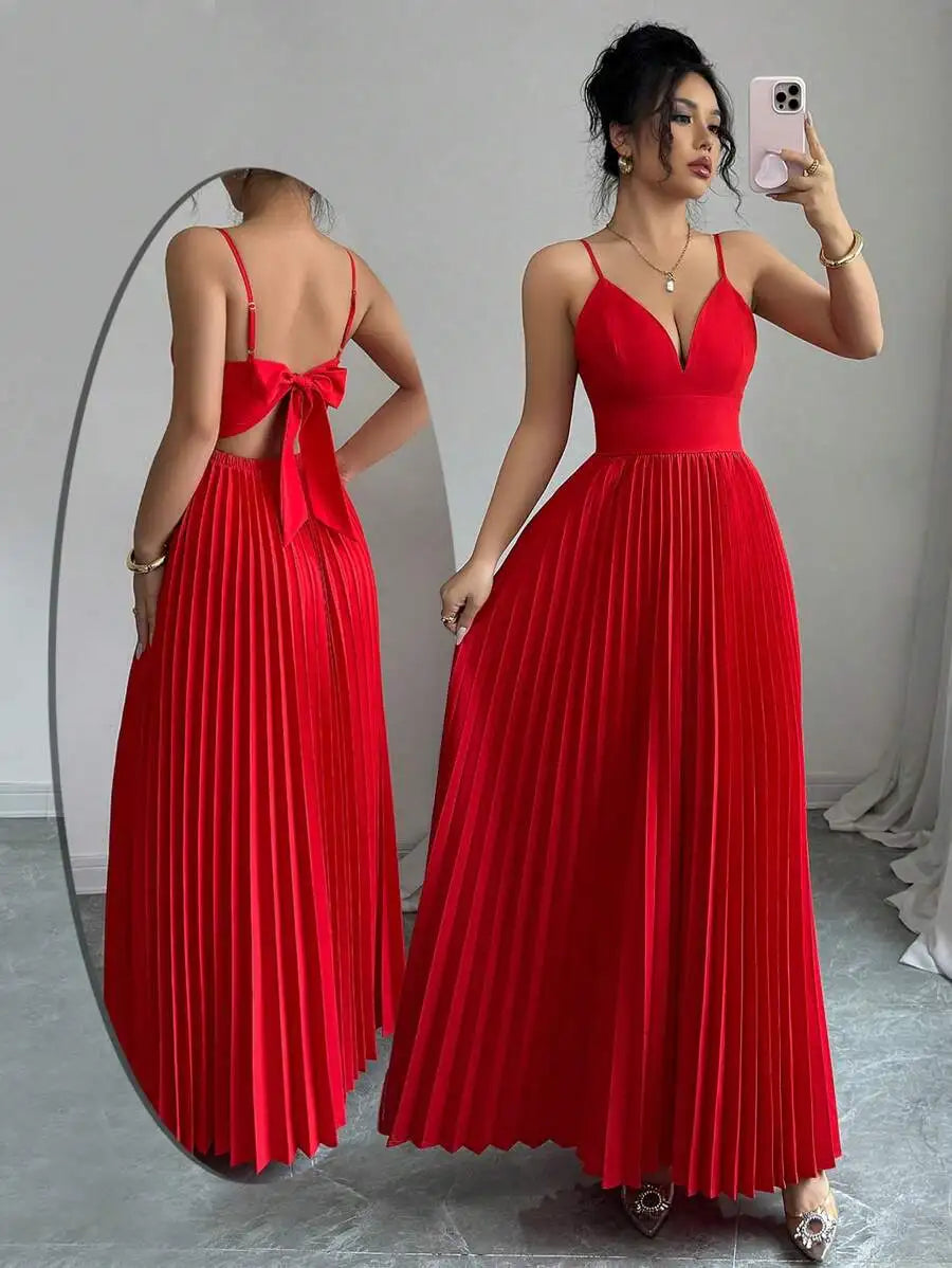 Pleated Floor Length Prom Dress With V Neck Spaghetti Straps Crepe