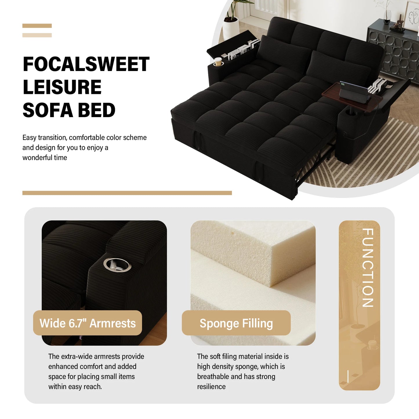 65 Inch Folding Convertible Sofa Bed With 360 Swivel Table