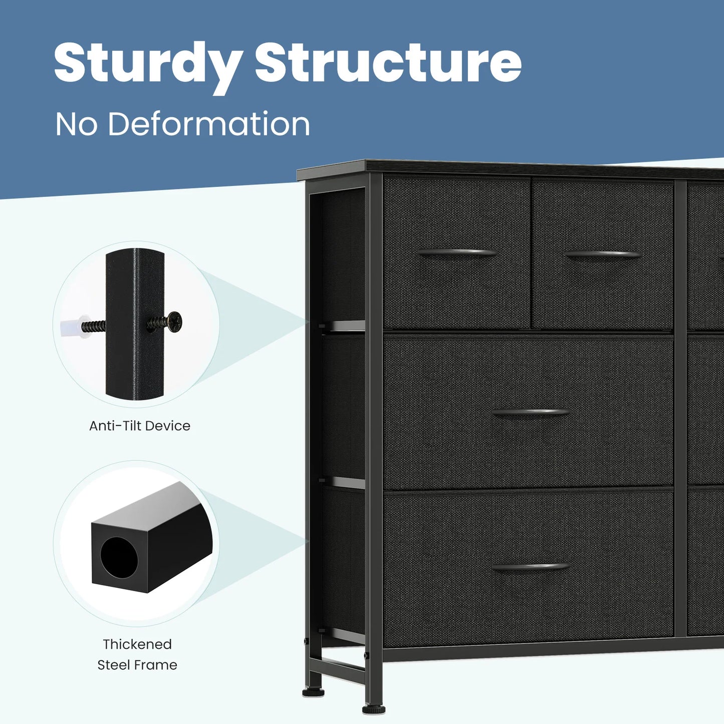 JHK Fabric Drawers Dresser With Wood Top And Metal Frame Storage Tower