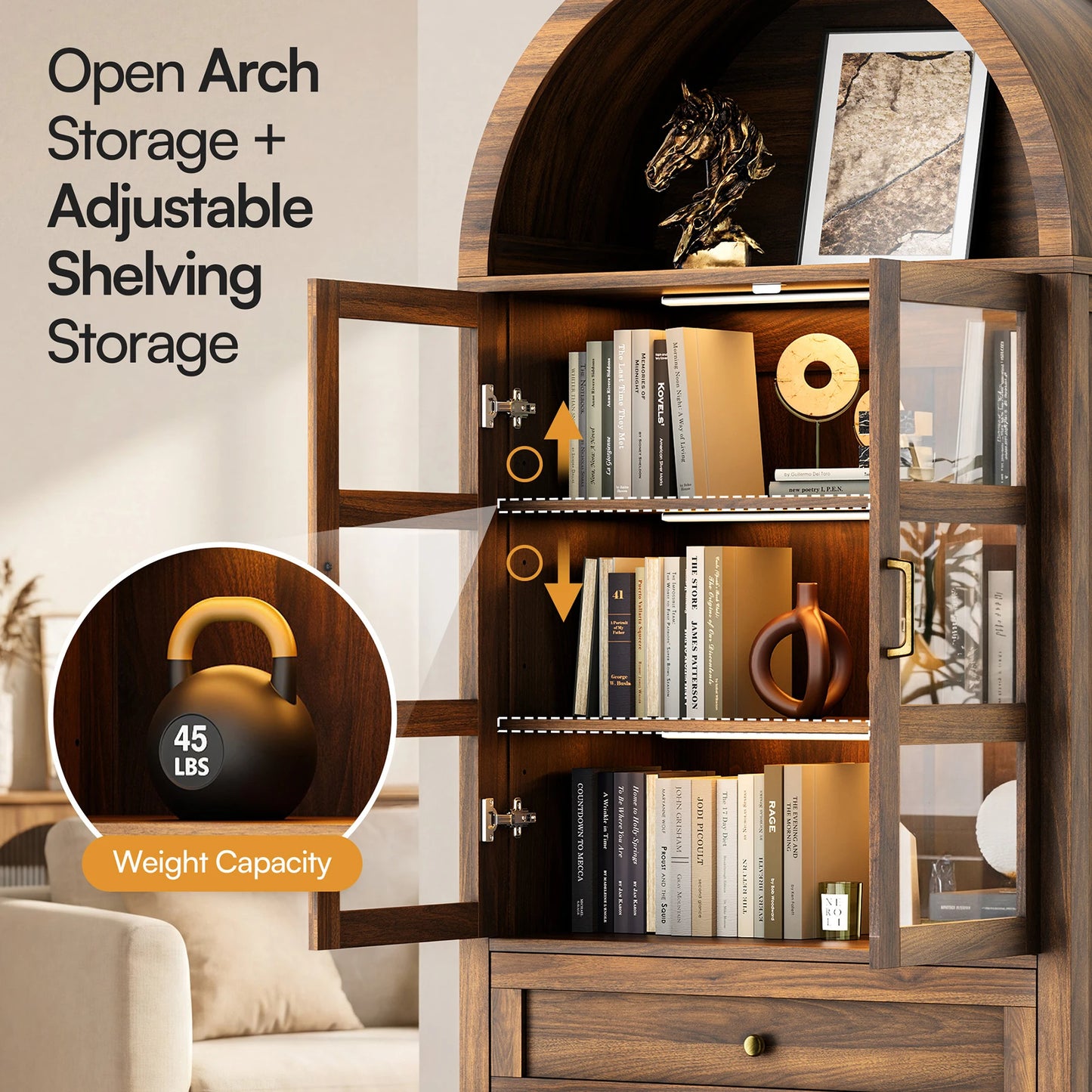 Cottinch Arched Wood Storage Cabinet With Dimmable LEDs And Adjustable Shelves