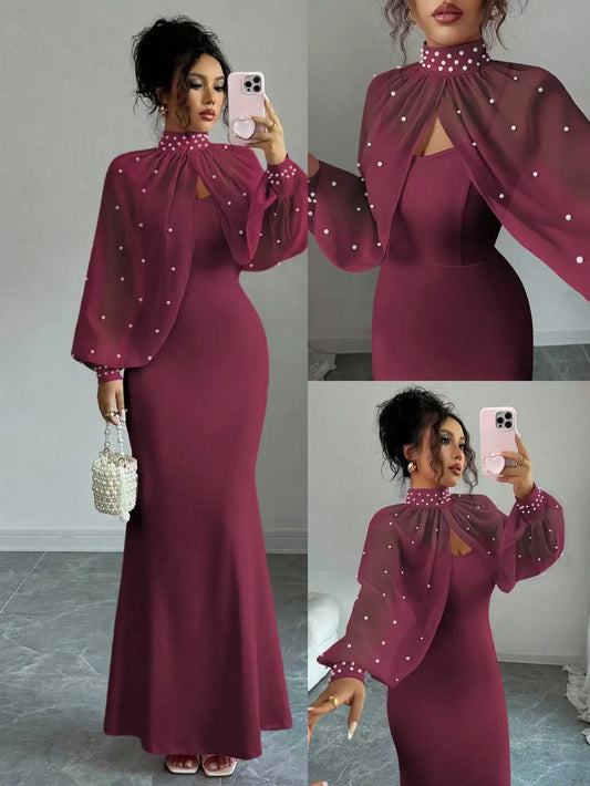 Beaded Cape Sleeve Evening Dress Set With Pearl Overlay