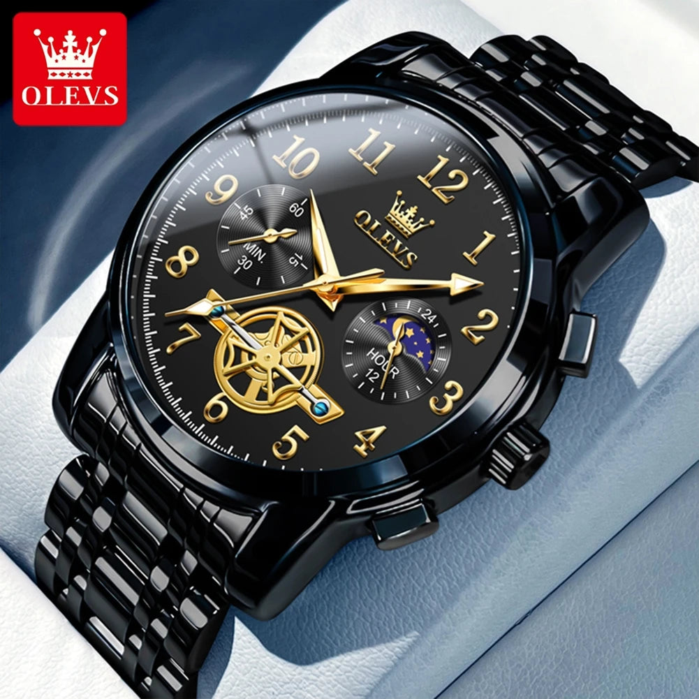 OLEVS Moon Phase Skeleton Chronograph Watch for Men Stainless Steel