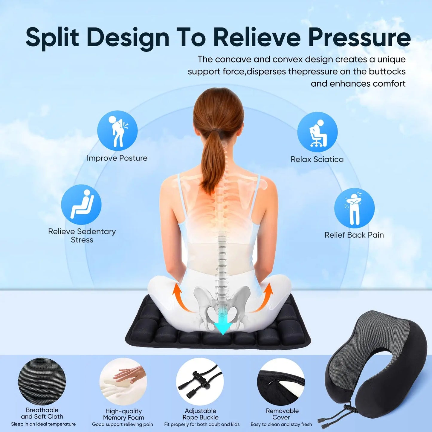 Filling Inflatable Travel Cushion Set U Neck Pillow Eye Mask Ear Plugs Carry Bag