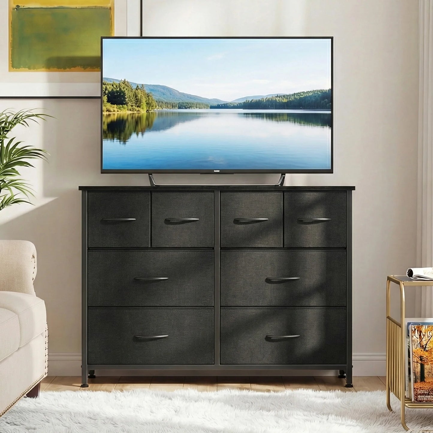 JHK Fabric Drawers Dresser With Wood Top And Metal Frame Storage Tower