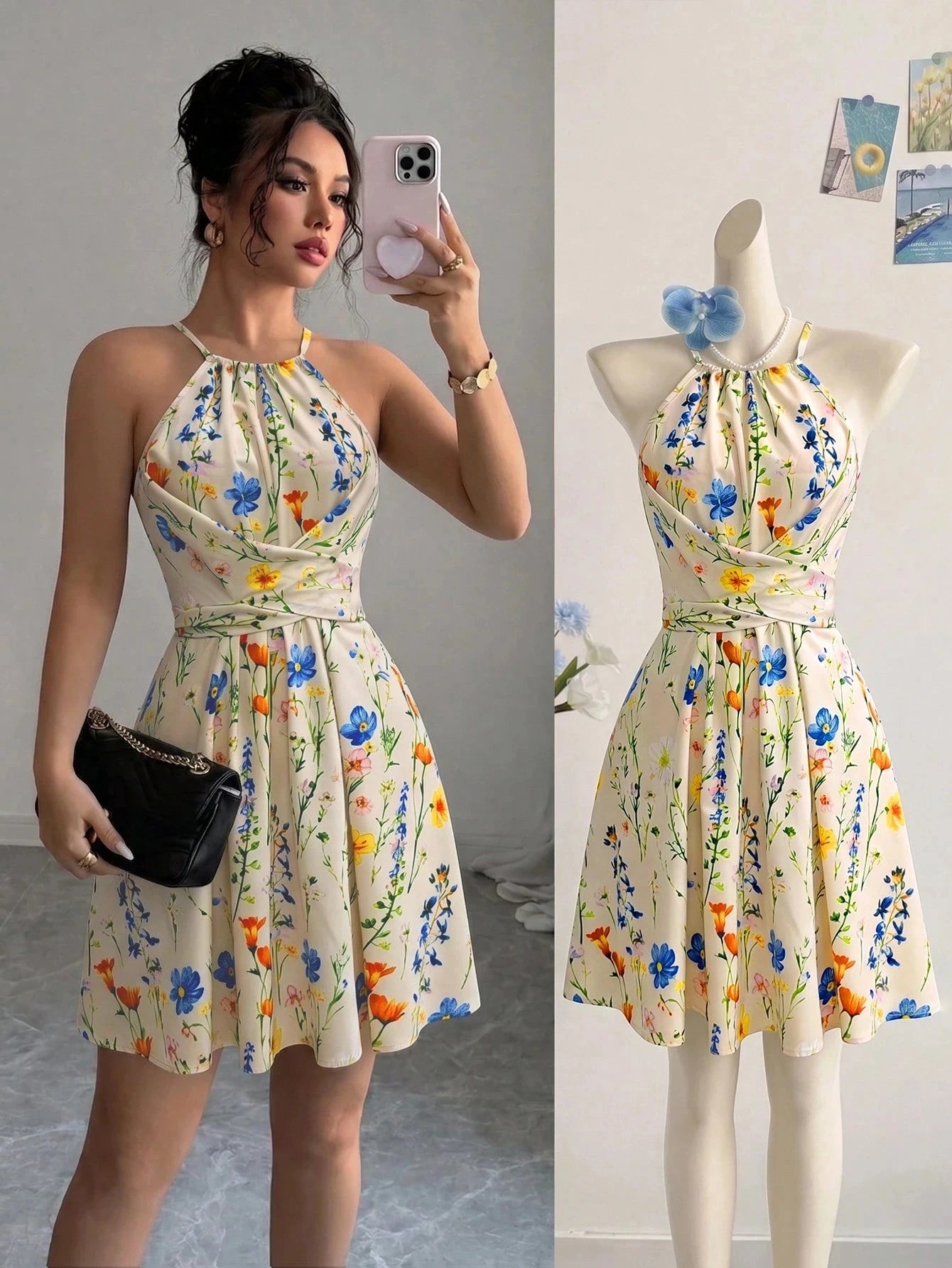 Tie Dye Print Halter Neck Dress Slim Fit High Waist