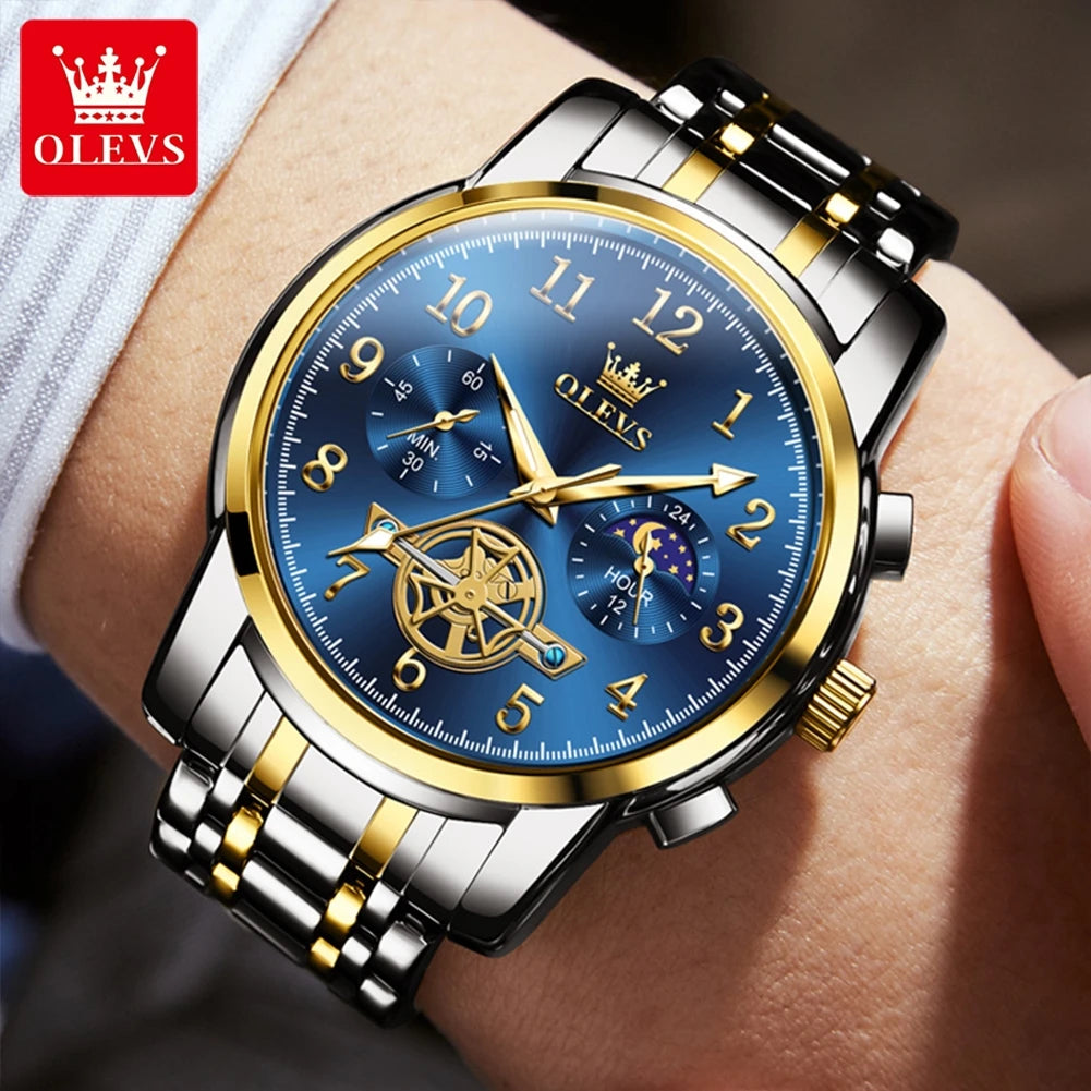 OLEVS Moon Phase Skeleton Chronograph Quartz Mens Stainless Steel Watch