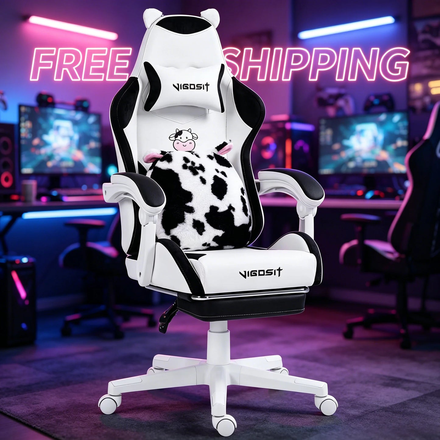 VIGOSIT Ergonomic Computer Chair With Footrest Headrest Cat Ears Massage Lumbar