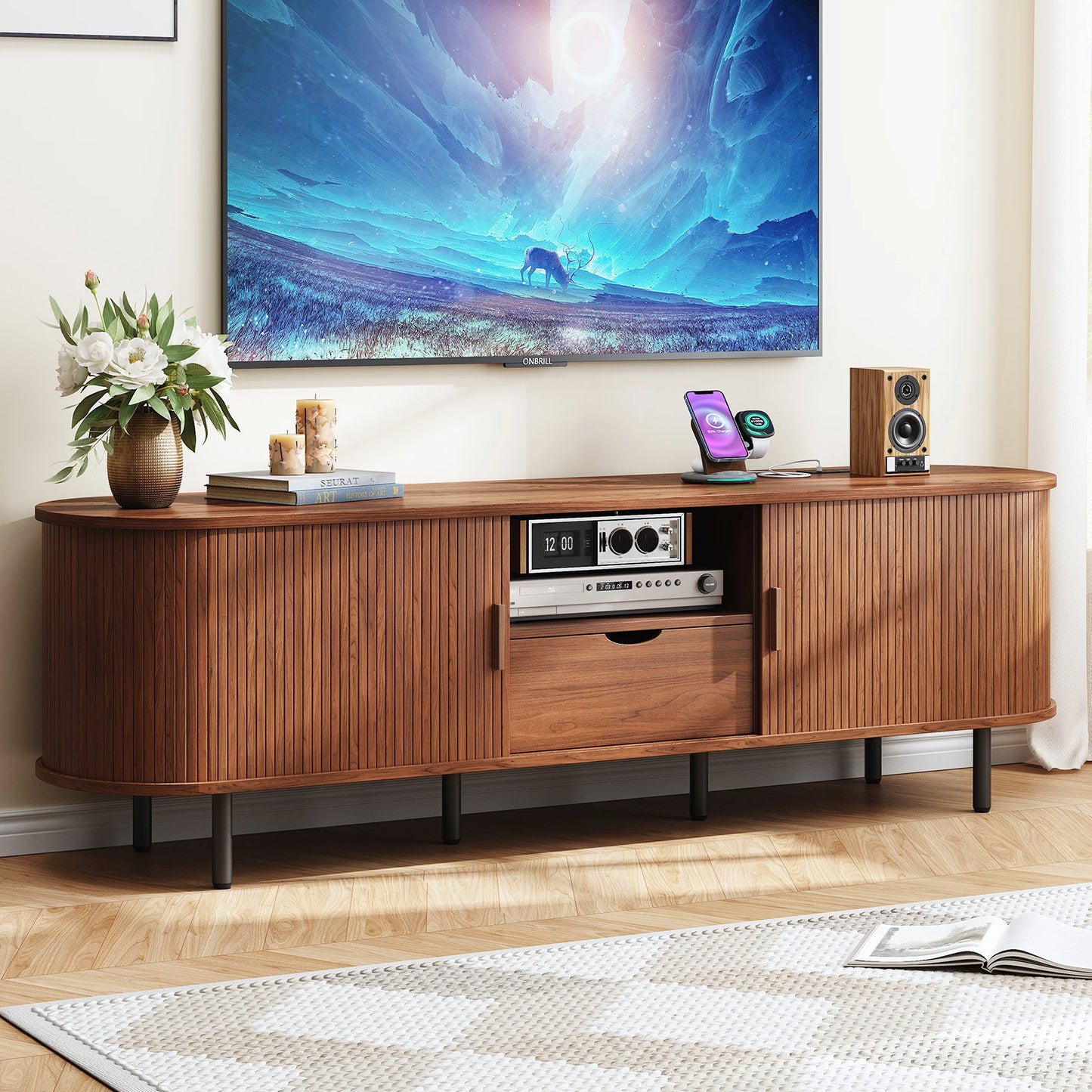 ONBRILL TV Stand With Power Outlet And Adjustable Shelves