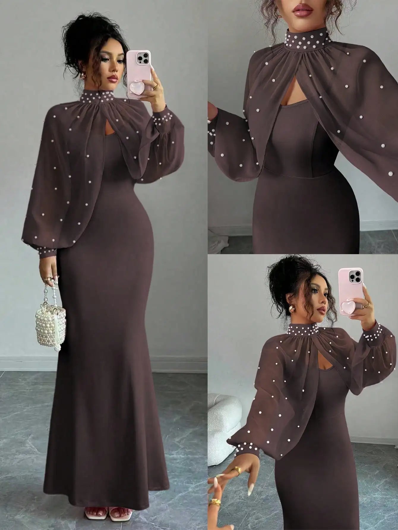 Beaded Cape Sleeve Evening Dress Set With Pearl Overlay