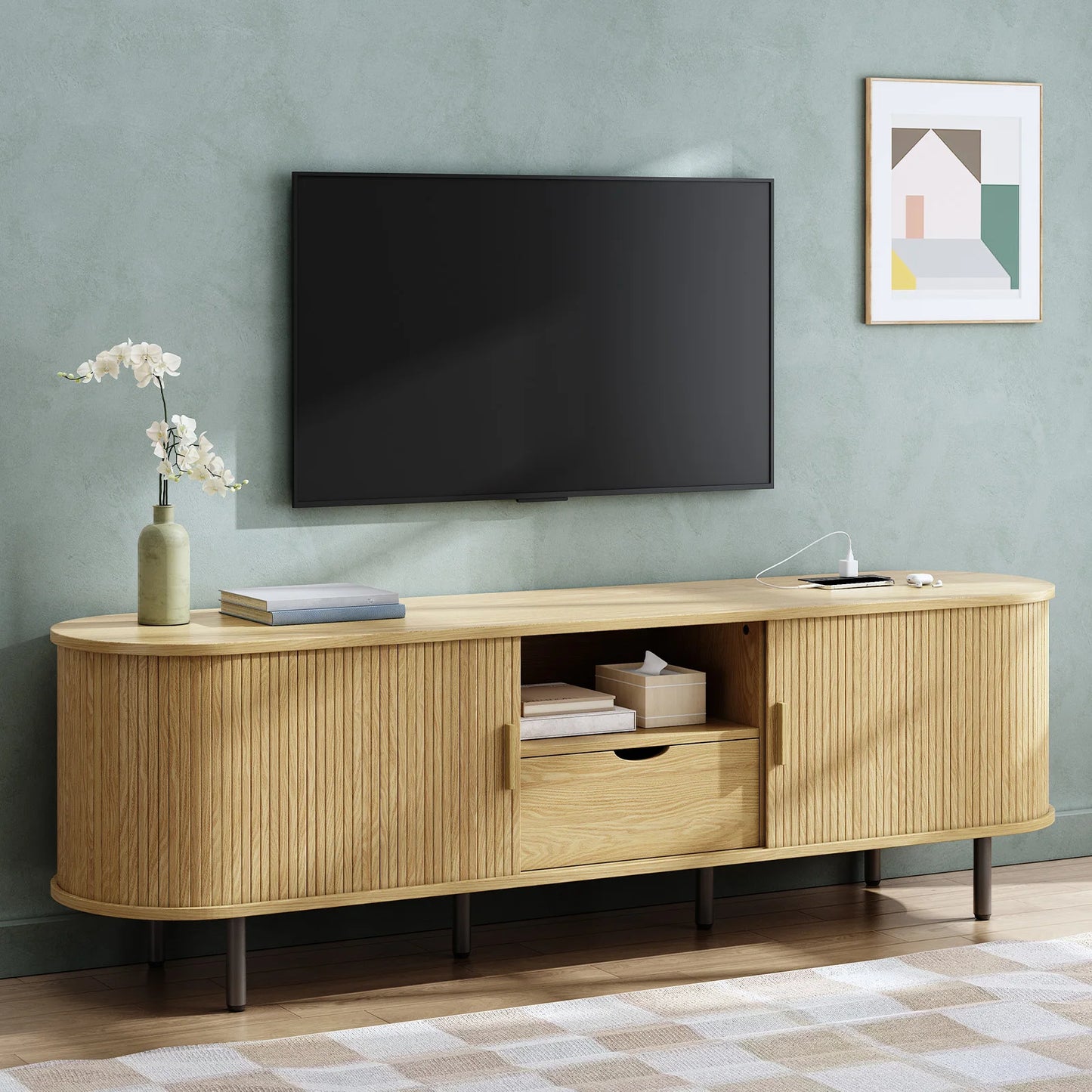 ONBRILL TV Stand With Power Outlet And Adjustable Shelves