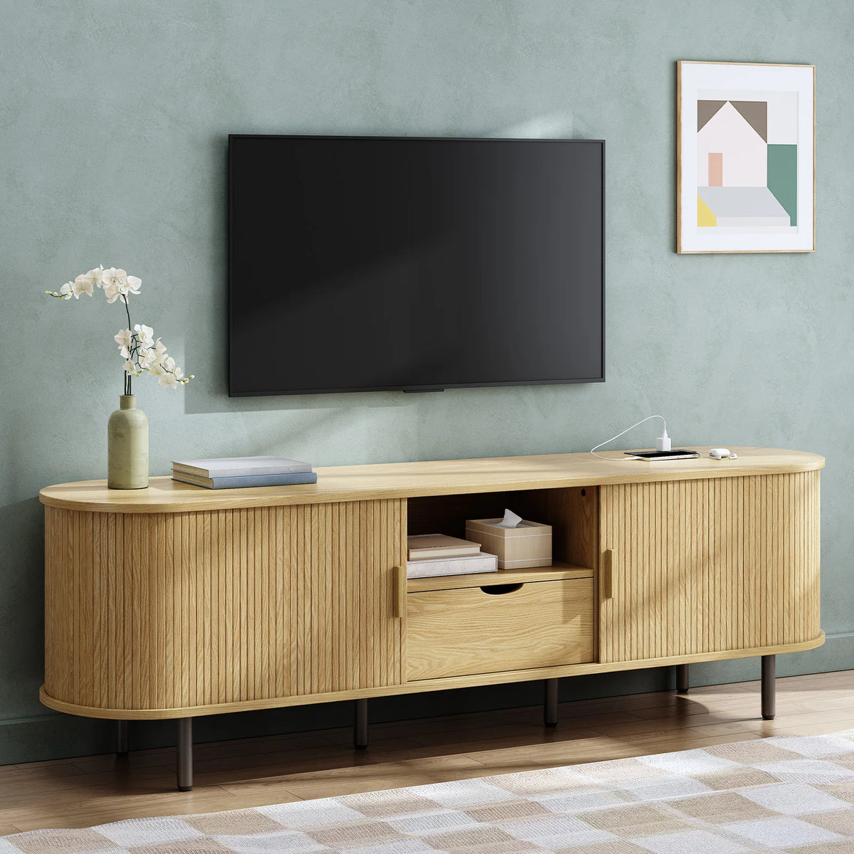 Onbrill Modern TV Console With Power Outlet And Storage Drawers