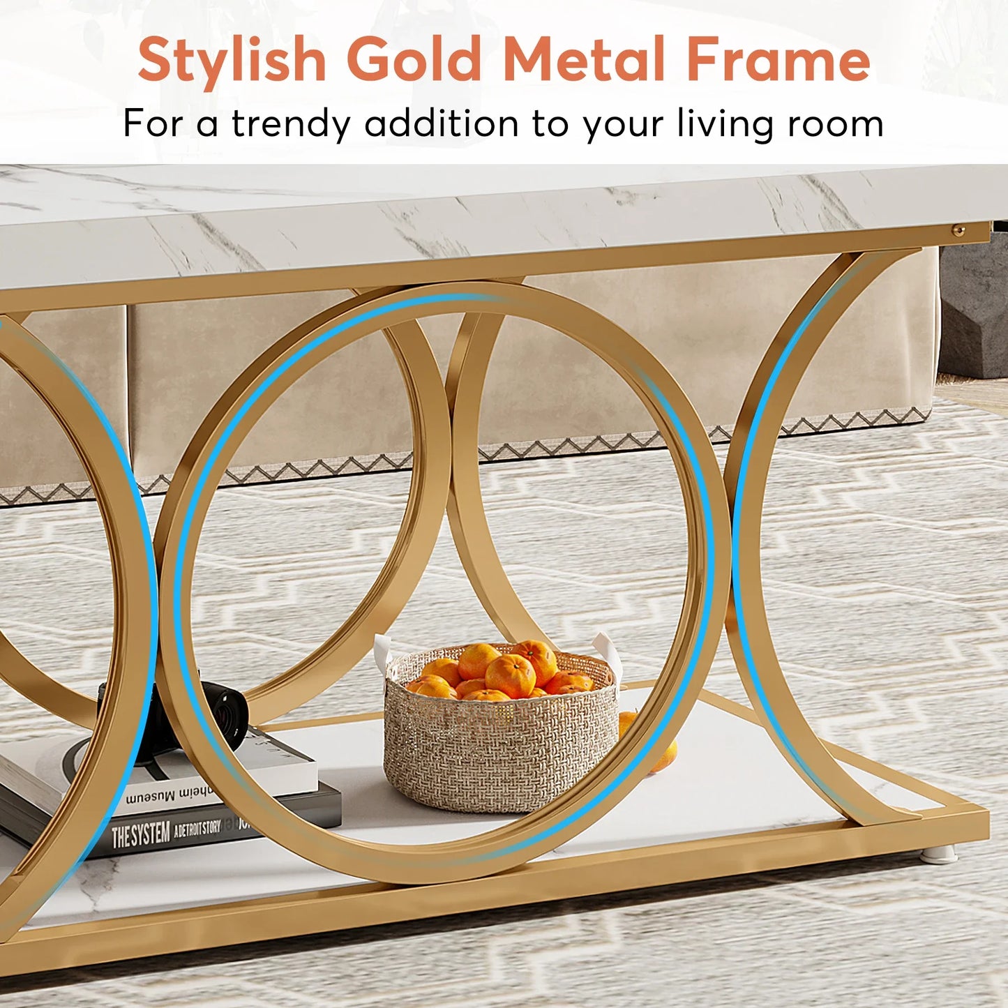 Tribesigns Rectangle Coffee Table Two Tier Faux Marble Wood