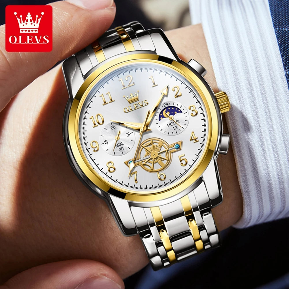 OLEVS Moon Phase Skeleton Chronograph Watch for Men Stainless Steel