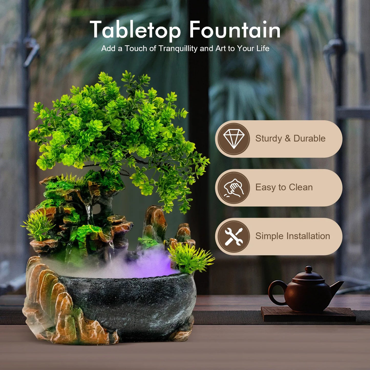 Tabletop Rockery Fountain With LED Light And Pump For Desk