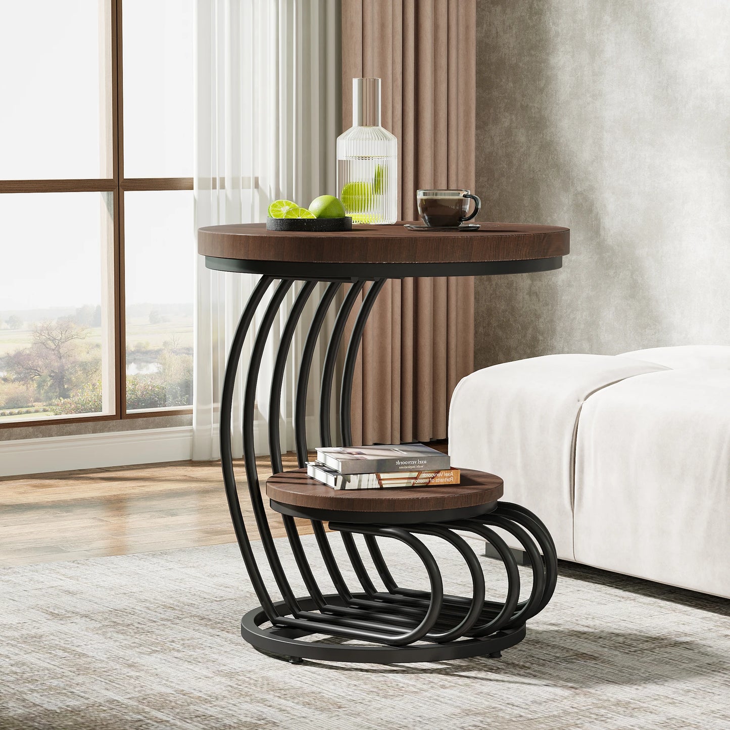 Tribesigns Round End Table Two Tier Faux Marble Shelf Nightstand
