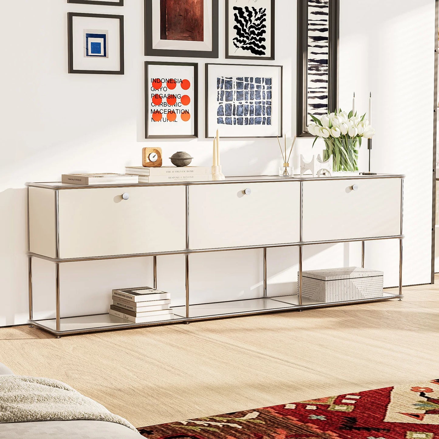 Living Room Storage Cabinet Sideboard Shelf Unit Stainless Steel Metal