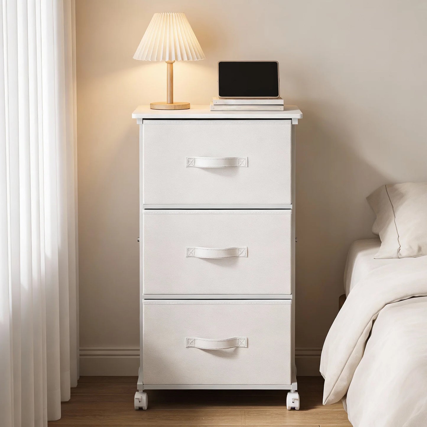 JHK 3 Drawer Dresser With Wheels Metal Frame Storage Cabinet For Closet Bedroom