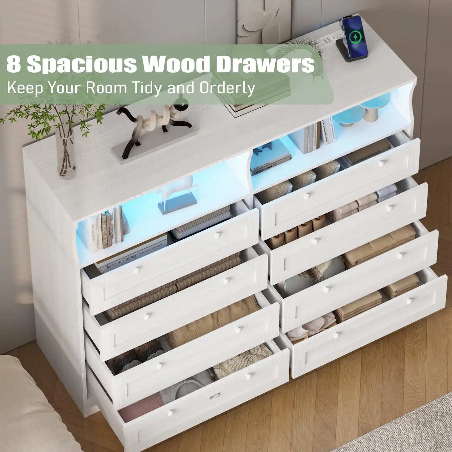 HiMISS 8 Drawer Dresser With LED Lights Charging Station TV Stand Open Shelves