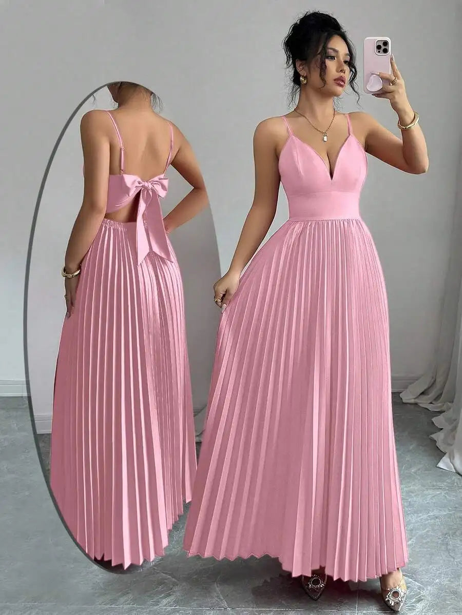 Pleated Floor Length Prom Dress With V Neck Spaghetti Straps Crepe