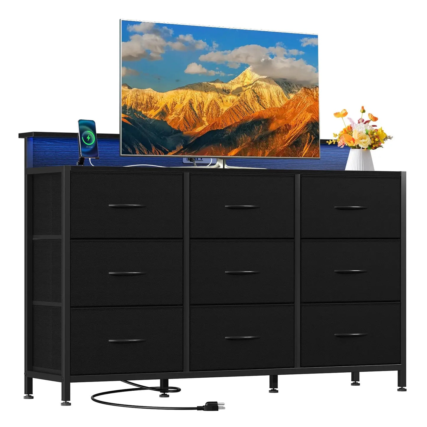 JHK TV Stand Dresser With Nine Fabric Drawers Wood Top