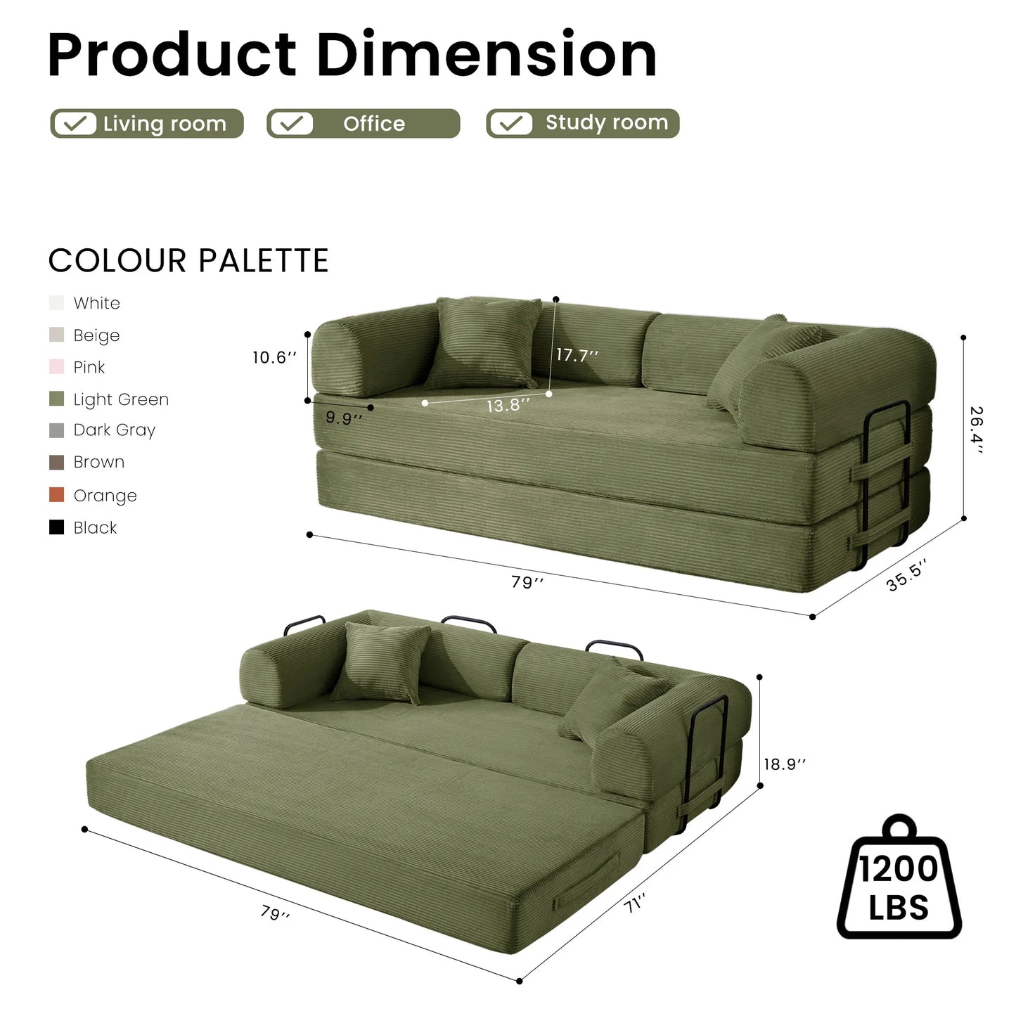 Corduroy Upholstered Folding Convertible Sofa Bed Loveseat Sleeper