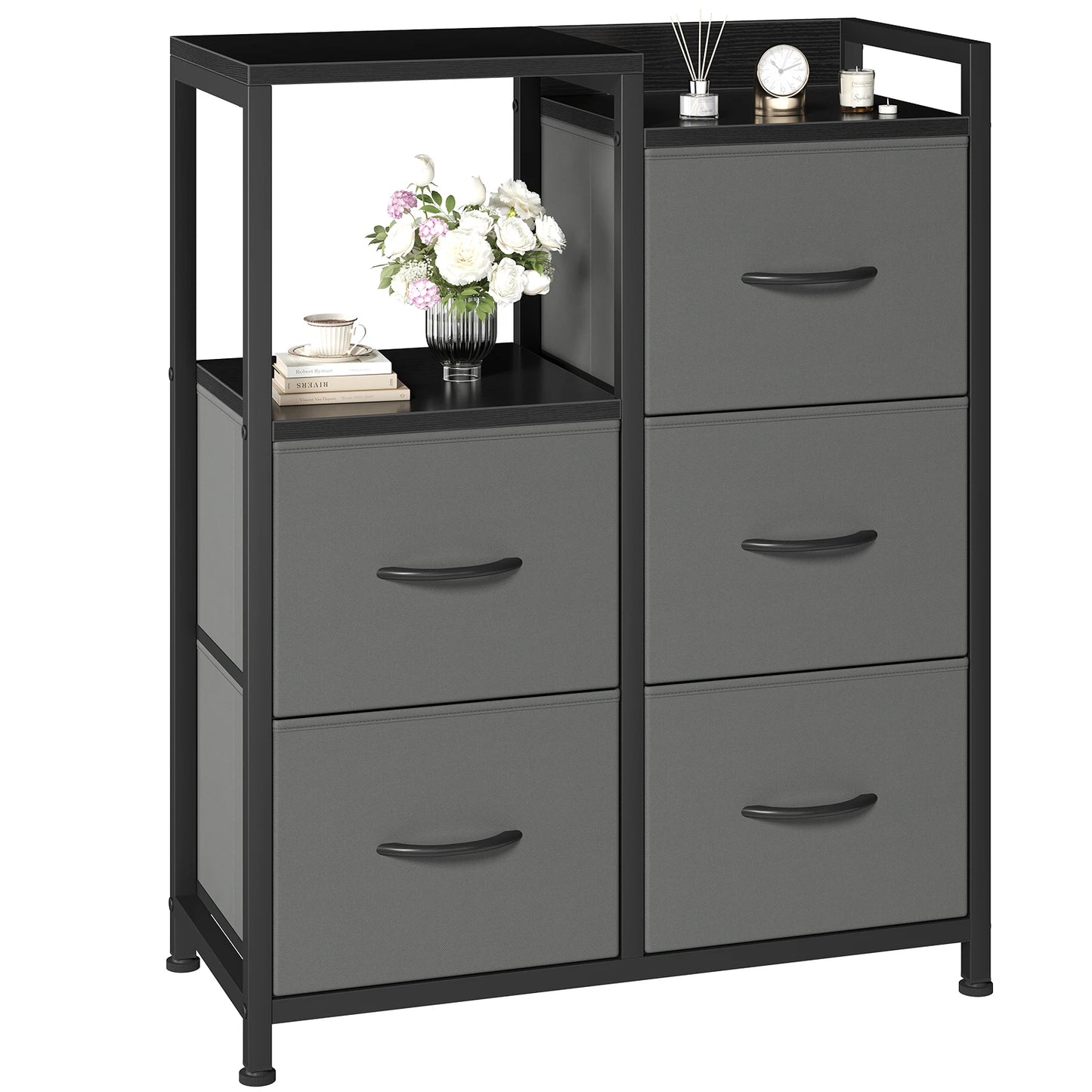 JHK 5 Fabric Drawer Chest With Raised Shelf Metal Frame TV Stand