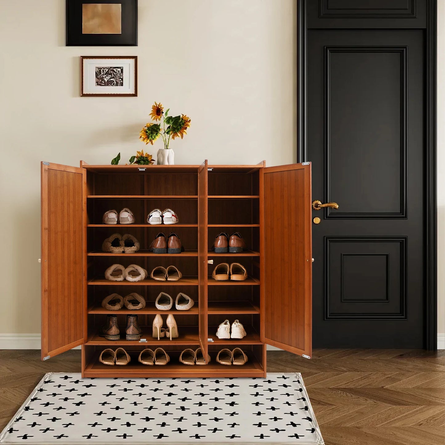 Natural Bamboo Shoe Cabinet With 3 Folding Doors 30 Pairs