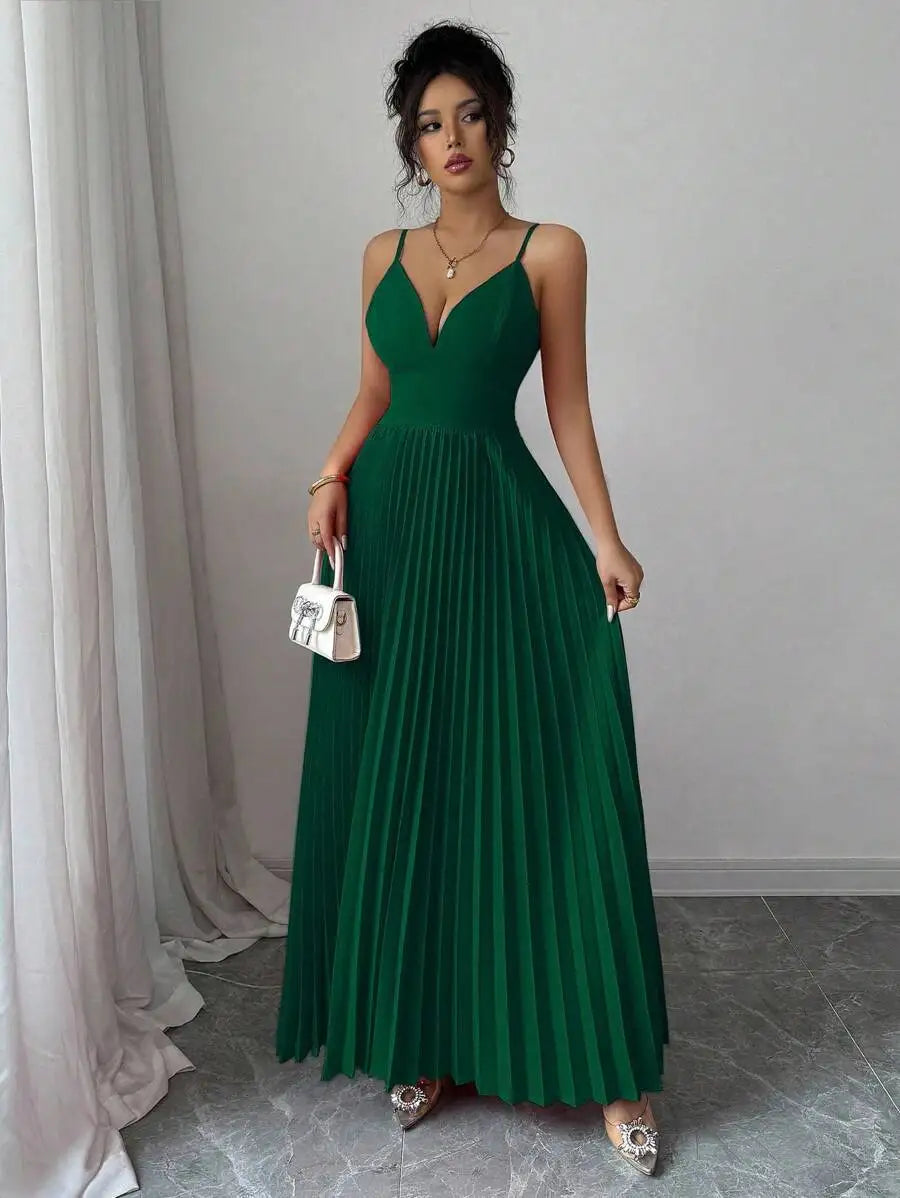 Pleated Floor Length Prom Dress With V Neck Spaghetti Straps Crepe