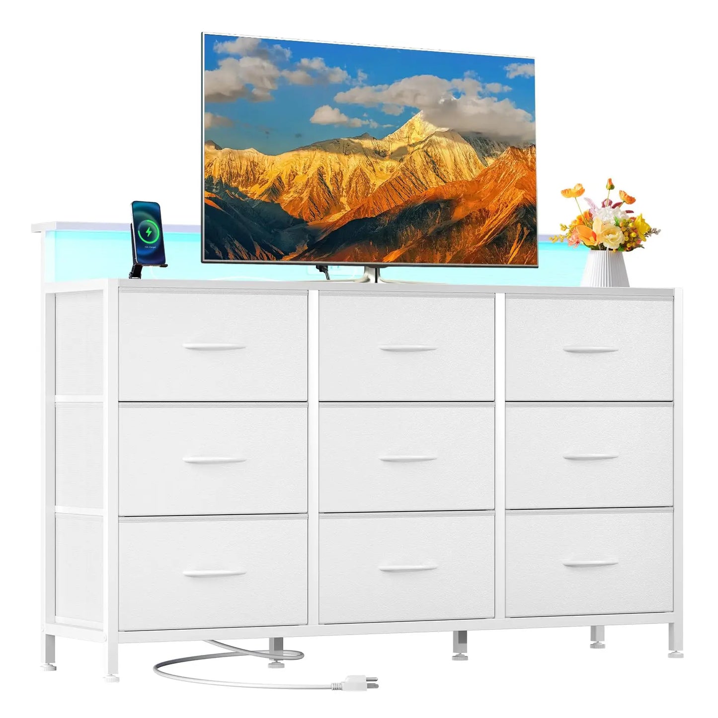 JHK TV Stand Dresser With Nine Fabric Drawers Wood Top