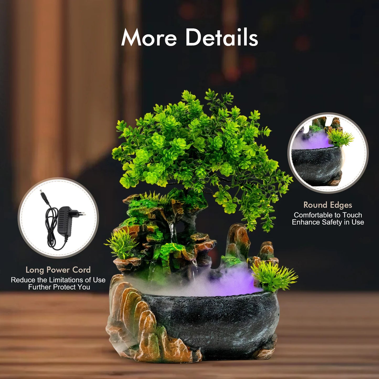Tabletop Rockery Fountain With LED Light And Pump For Desk