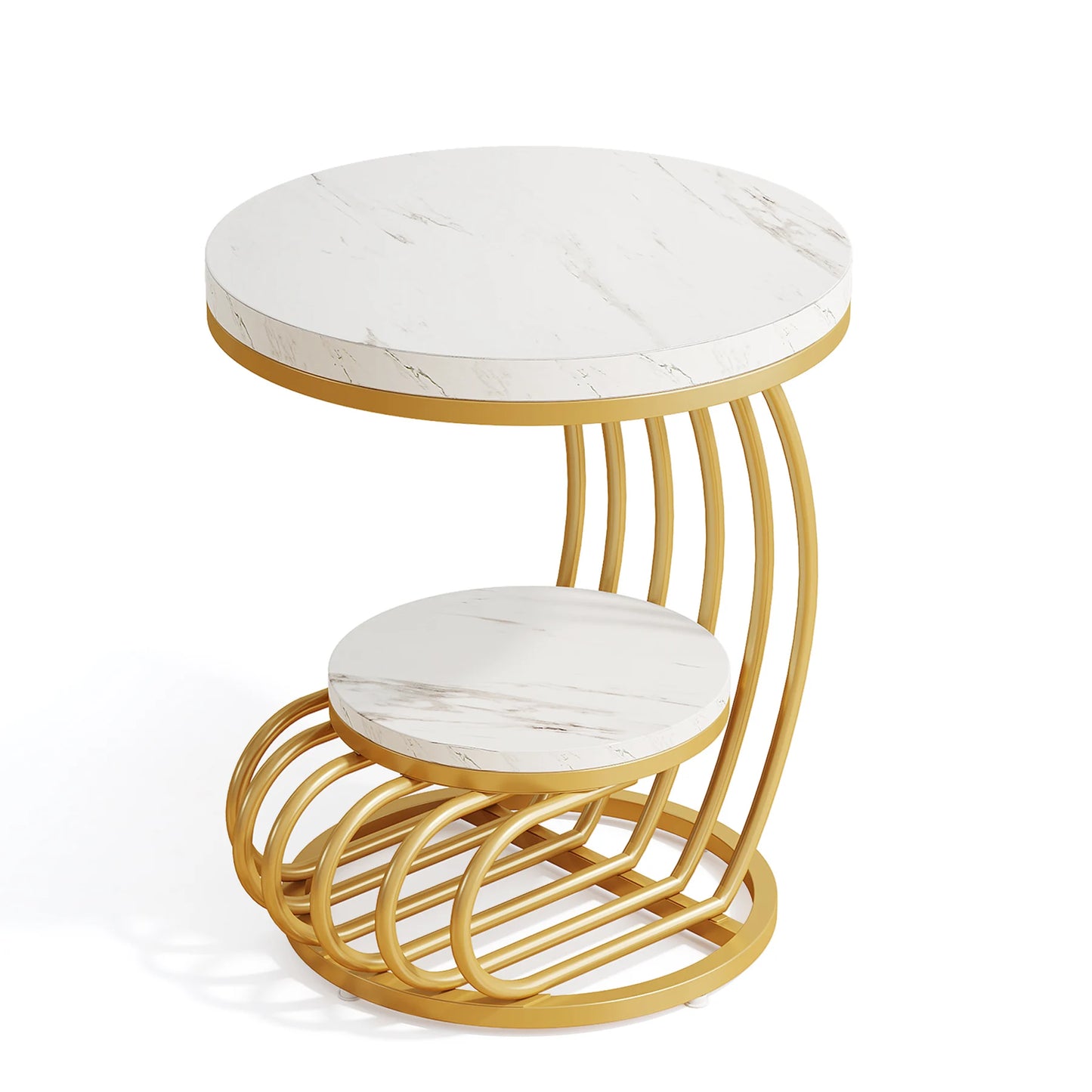 Tribesigns Round End Table Two Tier Faux Marble Shelf Nightstand