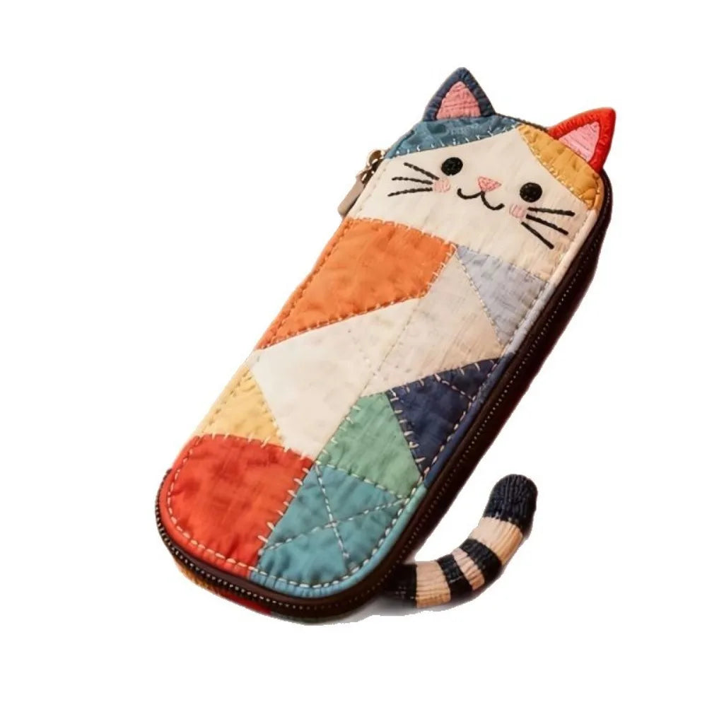 Waterproof Patchwork Cat Coin Purse With Zipper Makeup Bag Canvas