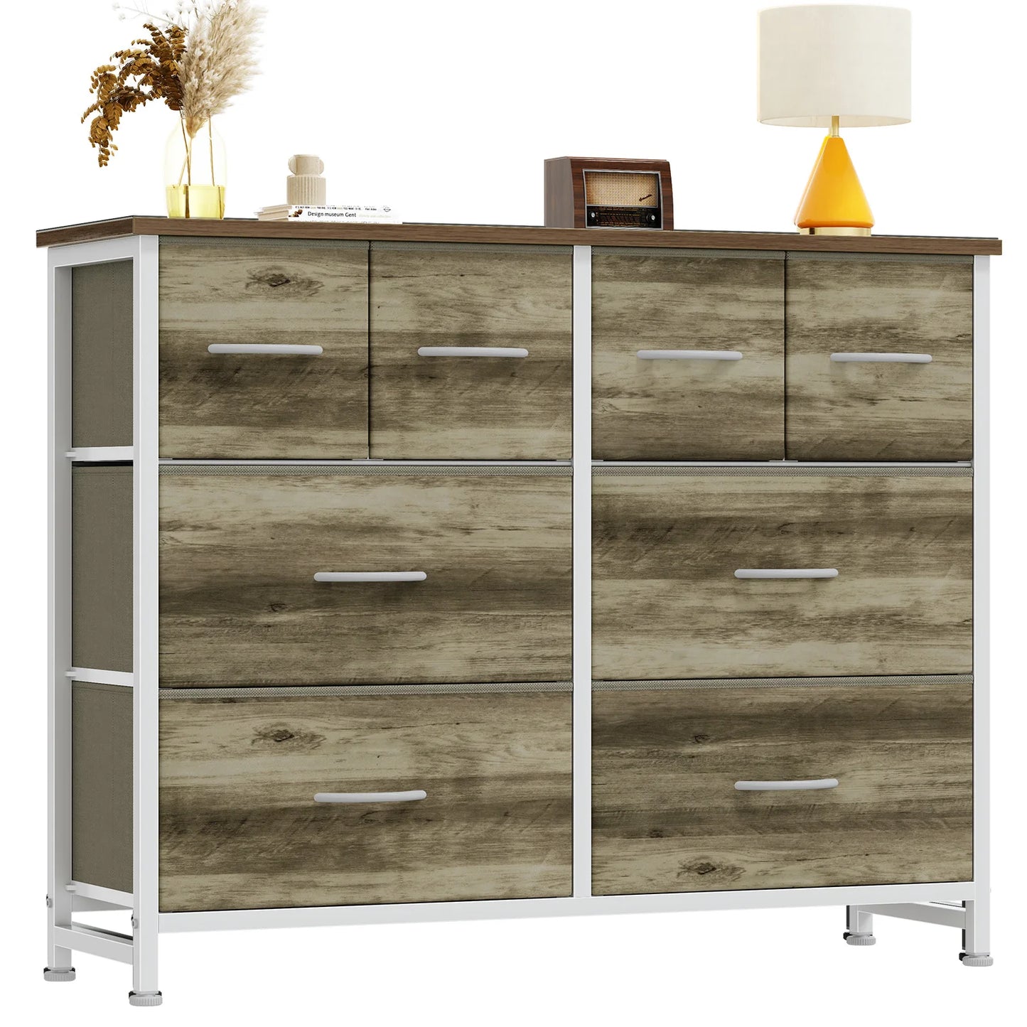 JHK Fabric Drawers Dresser With Wood Top And Metal Frame Storage Tower