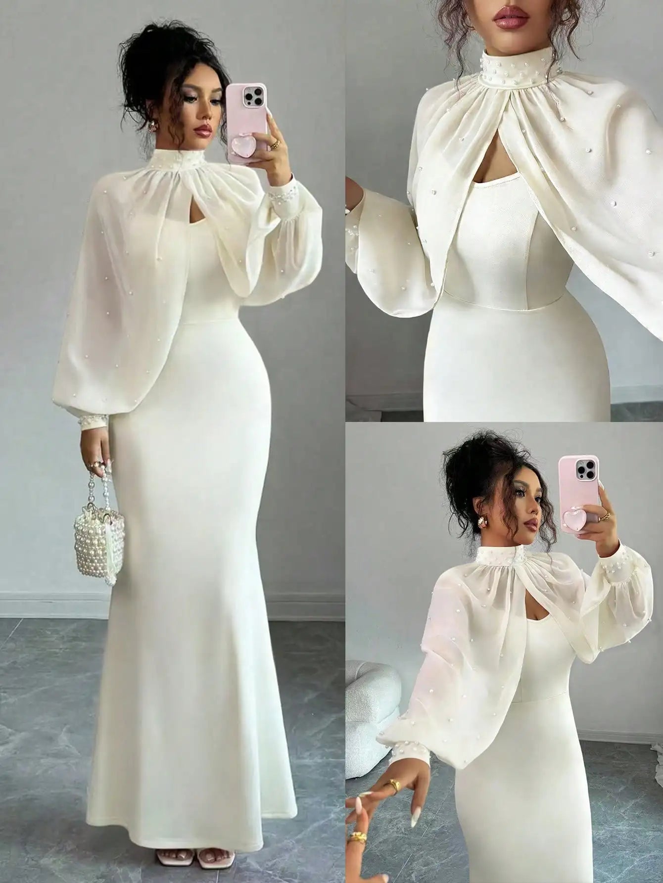 Beaded Cape Sleeve Evening Dress Set With Pearl Overlay