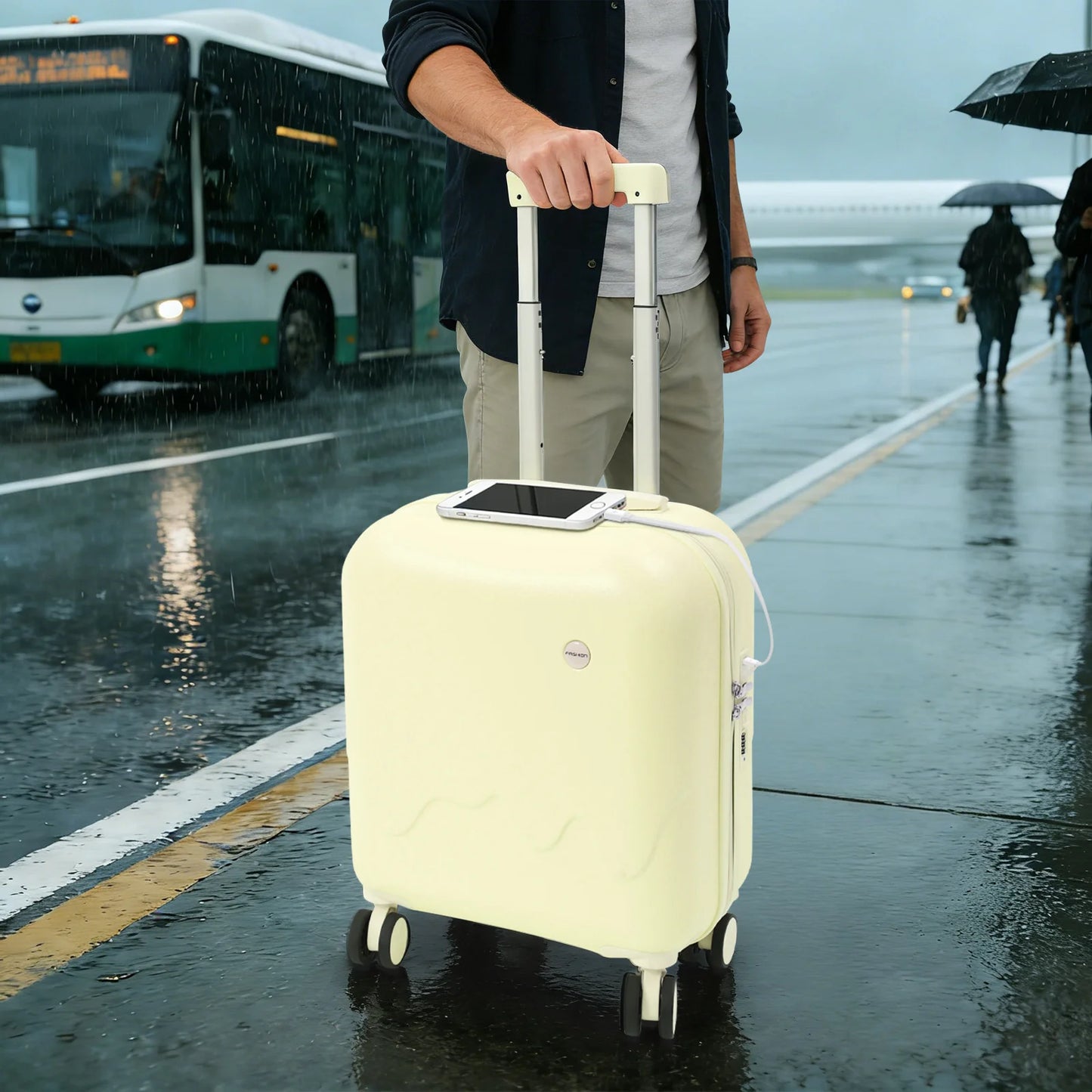 Hardside Carry On Luggage ABS PVC With USB Port Cup Holder Password Lock