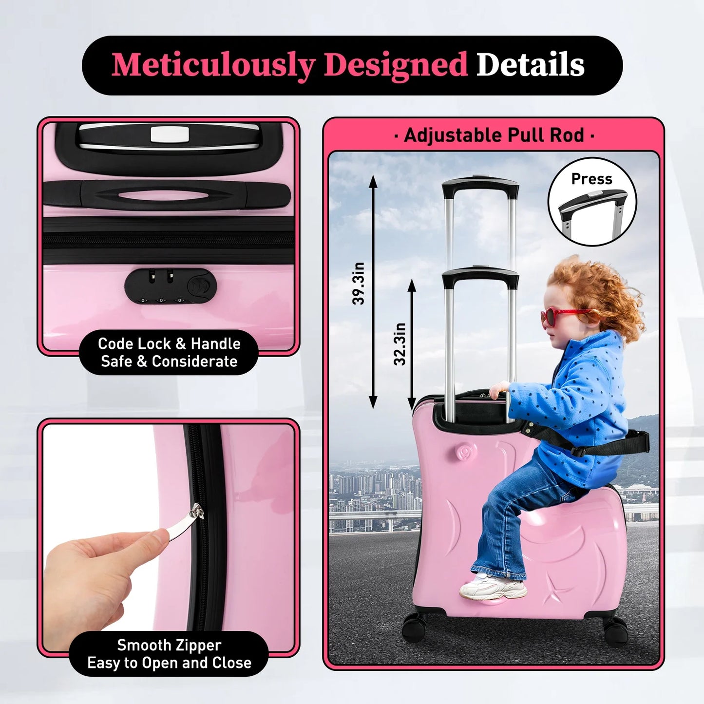 Bymaocar Kids Travel Trolley Luggage Ride On Suitcase With Seat Belt