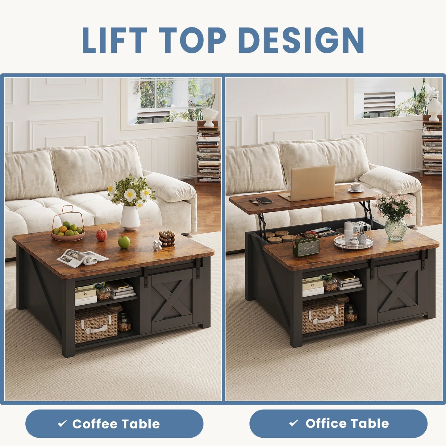 MCQ Wood Lift Top Coffee Table With Adjustable Storage Shelf