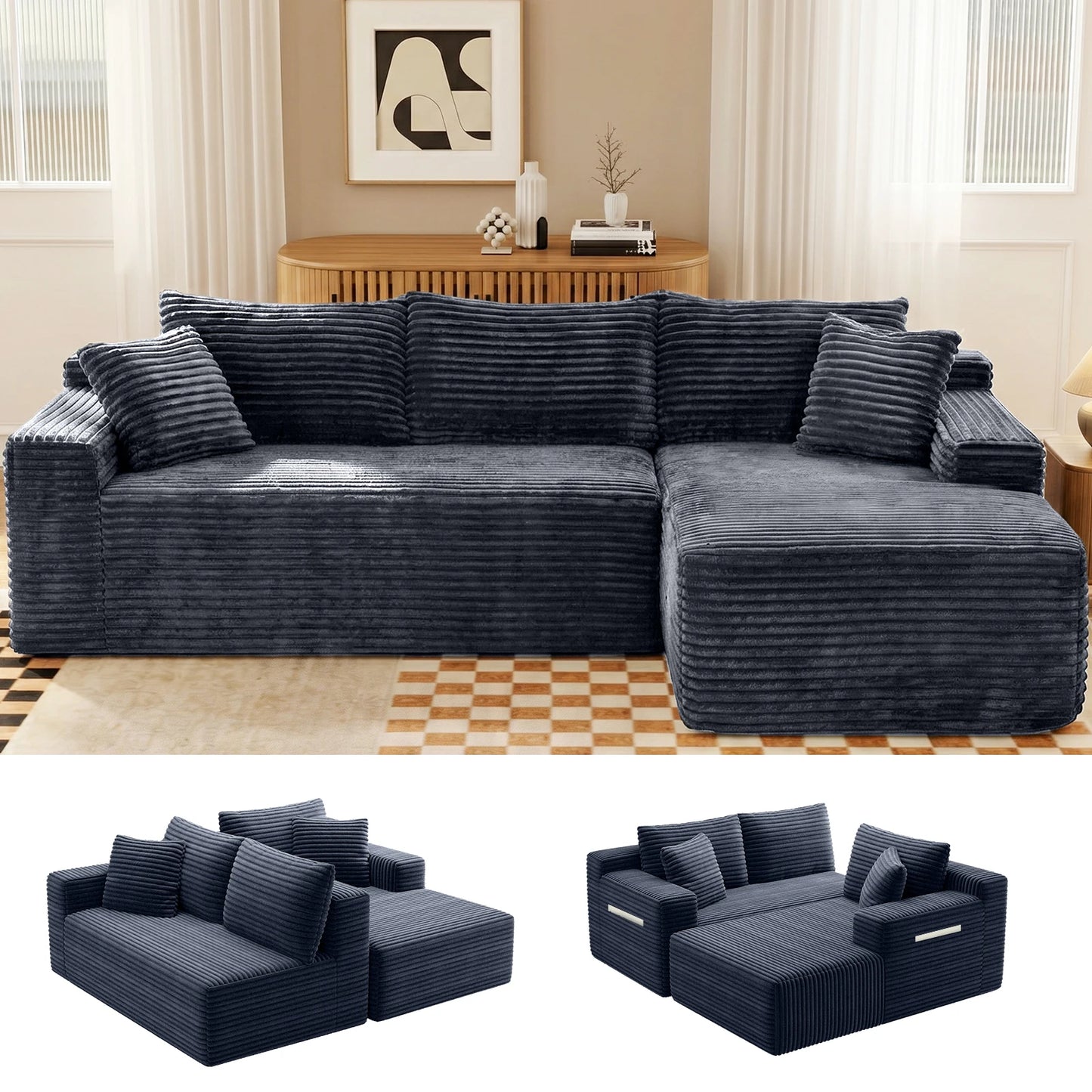 Corduroy Modular Sectional Sofa L Shape Chaise For Living Room