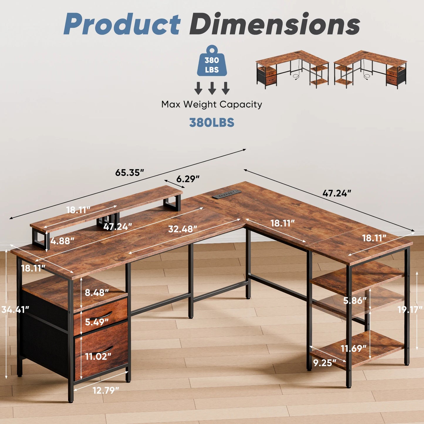 JHK L Shaped Desk With Two Drawers And Charging Station