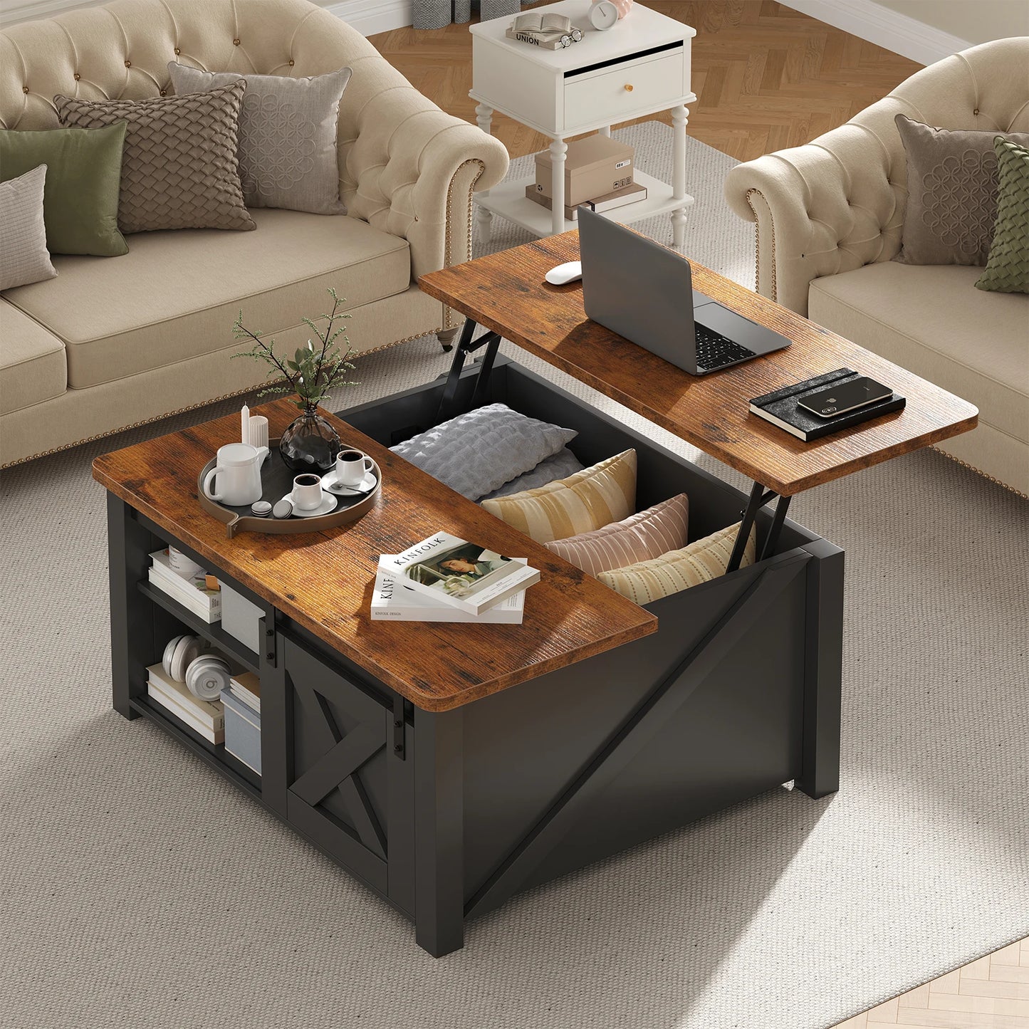 MCQ Wood Lift Top Coffee Table With Adjustable Storage Shelf